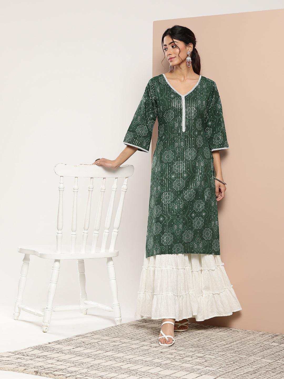 Green Printed Cotton Straight Kurta - ShopLibas