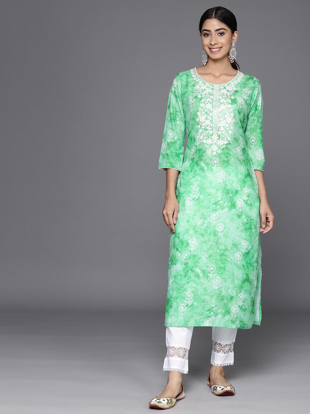 Green Printed Cotton Straight Kurta