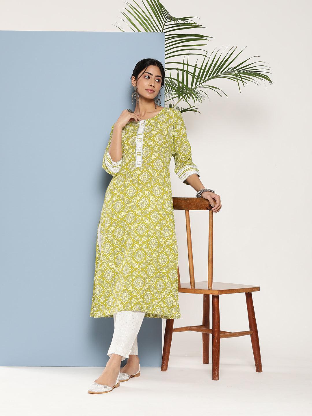 Green Printed Cotton Straight Kurta