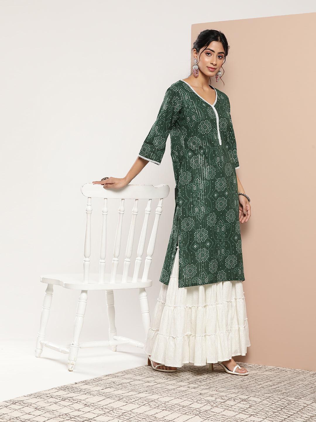 Green Printed Cotton Straight Kurta - ShopLibas