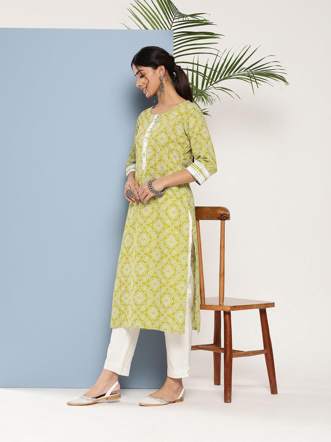 Green Printed Cotton Straight Kurta