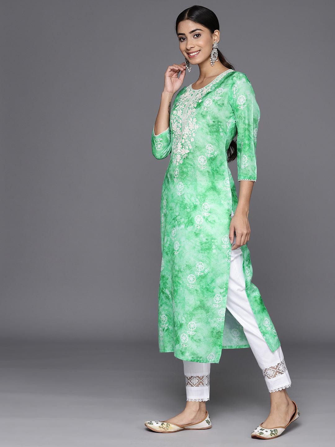 Green Printed Cotton Straight Kurta