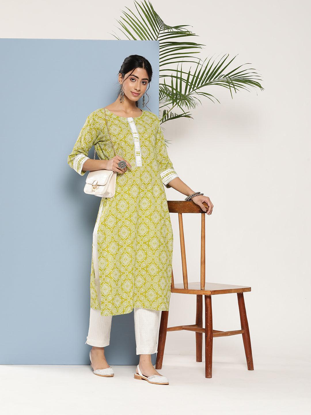 Green Printed Cotton Straight Kurta