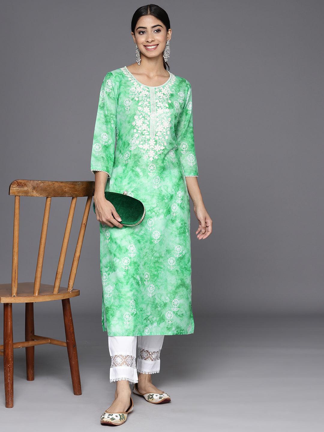 Green Printed Cotton Straight Kurta