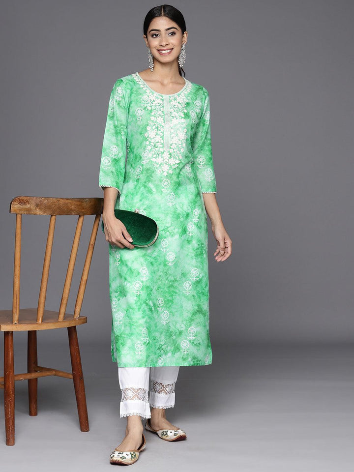 Green Printed Cotton Straight Kurta - Libas