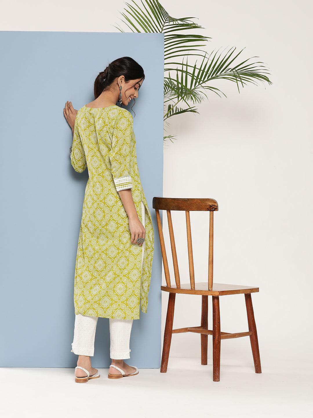 Green Printed Cotton Straight Kurta