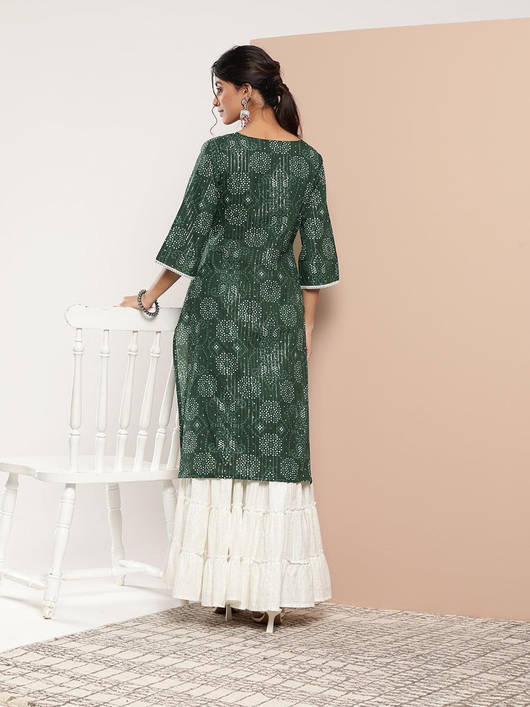 Green Printed Cotton Straight Kurta