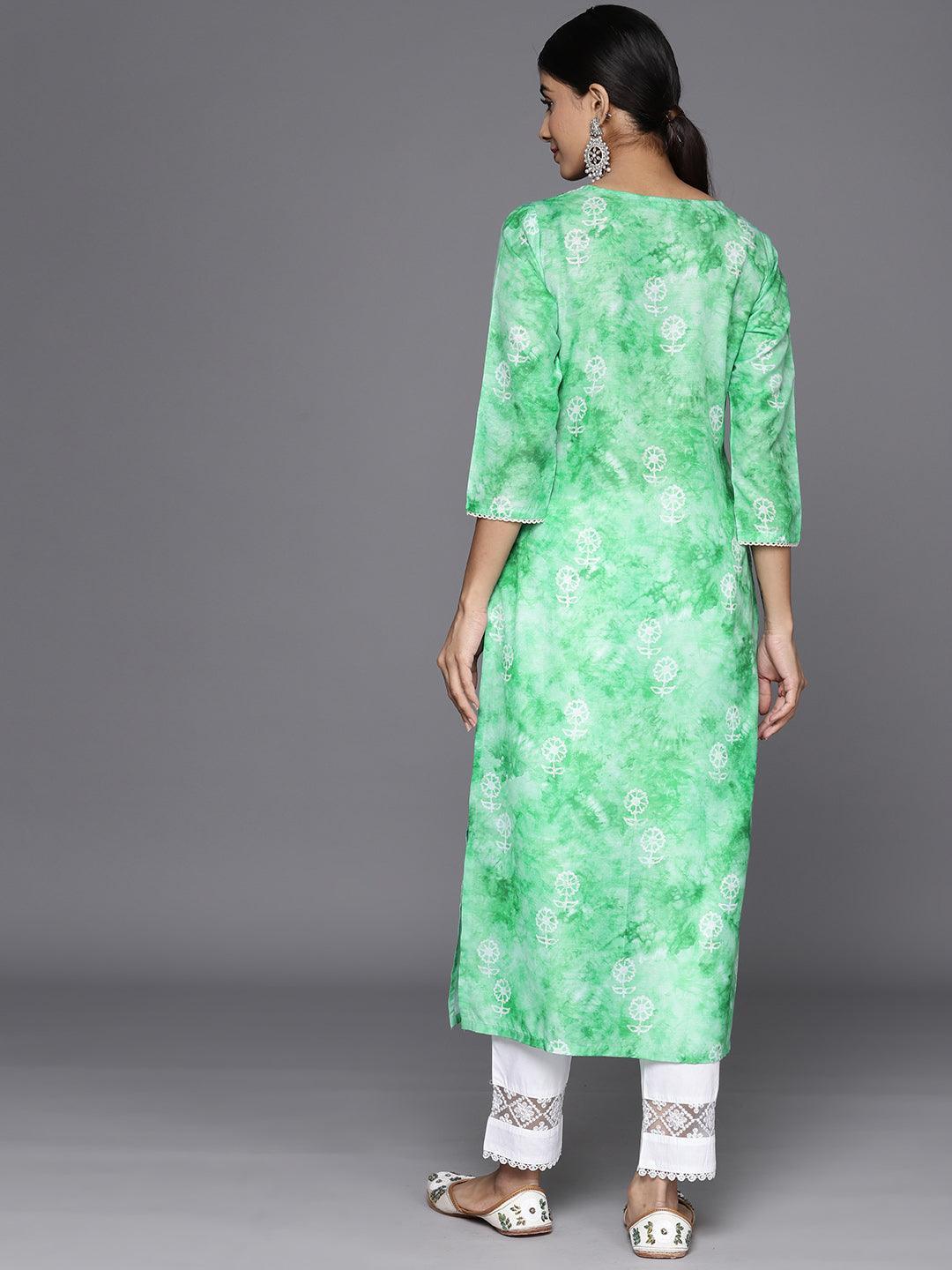 Green Printed Cotton Straight Kurta