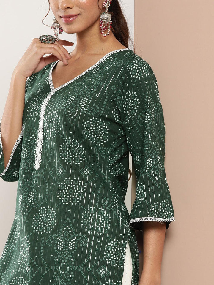 Green Printed Cotton Straight Kurta - ShopLibas