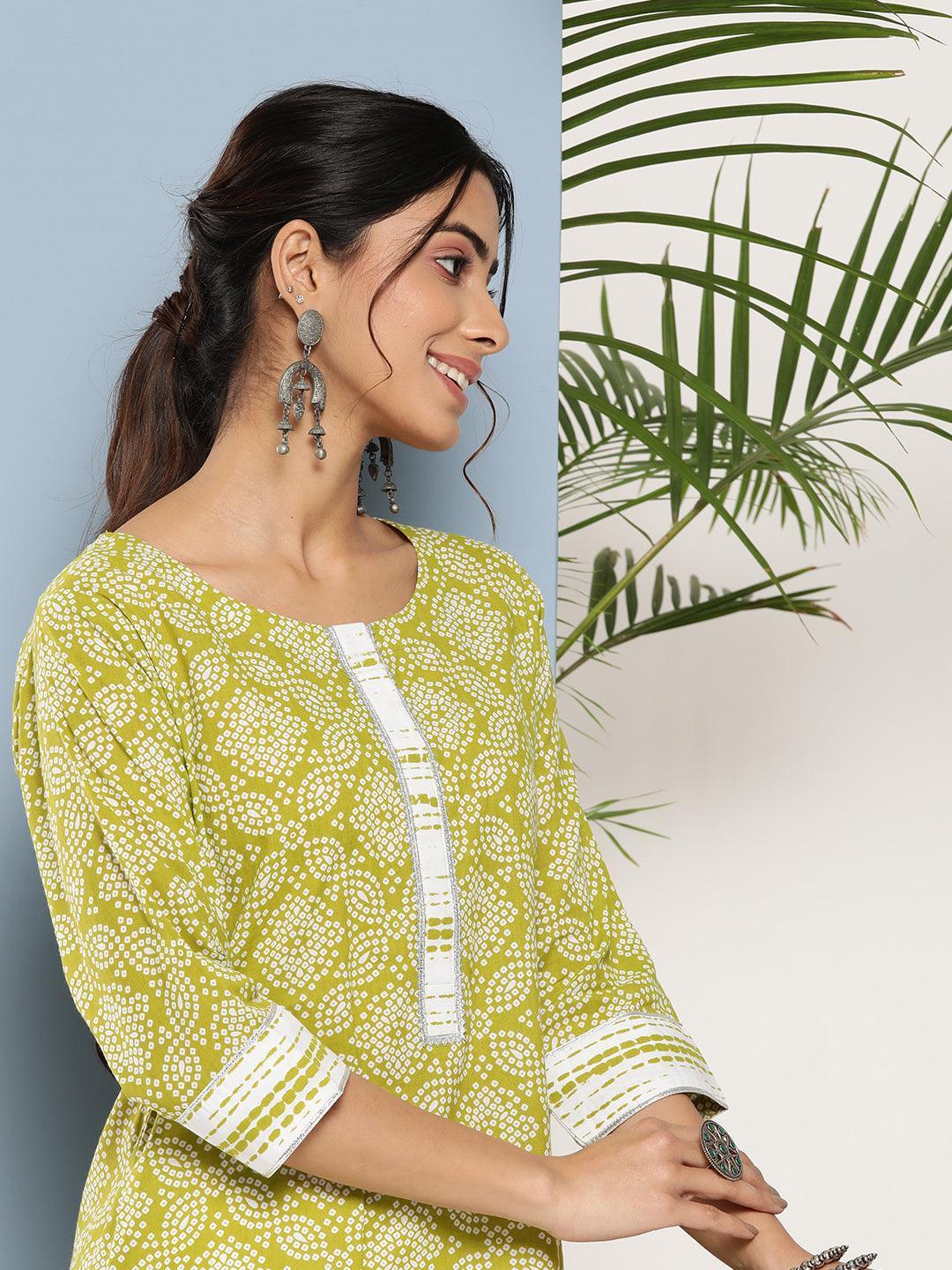 Green Printed Cotton Straight Kurta