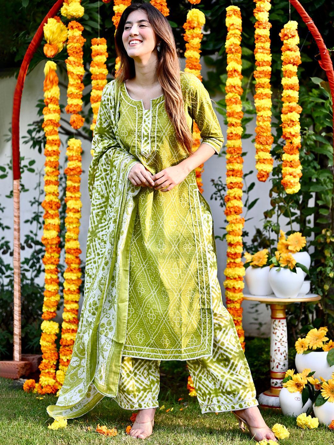 Green Printed Cotton Straight Suit Set