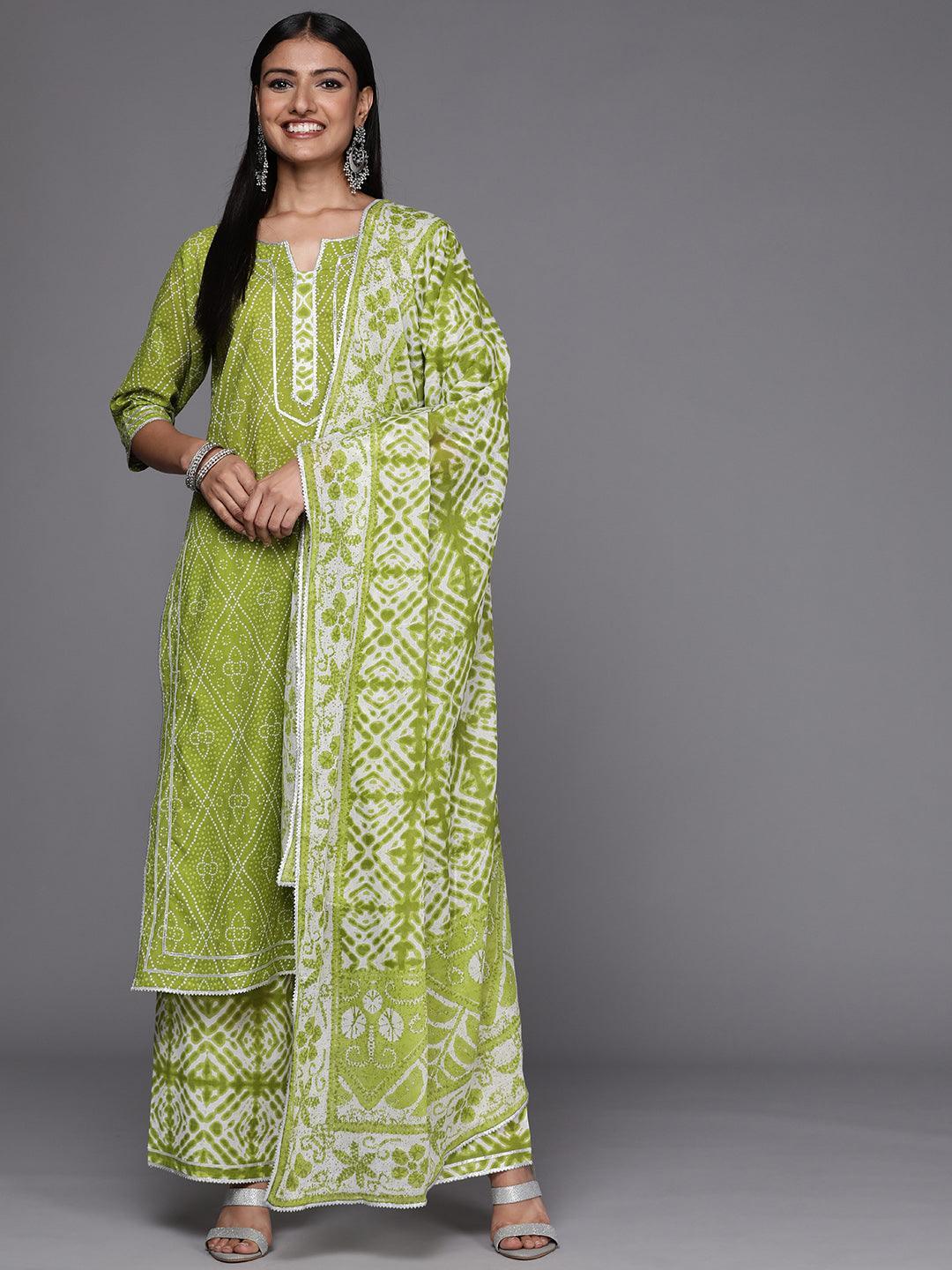 Green Printed Cotton Straight Suit Set