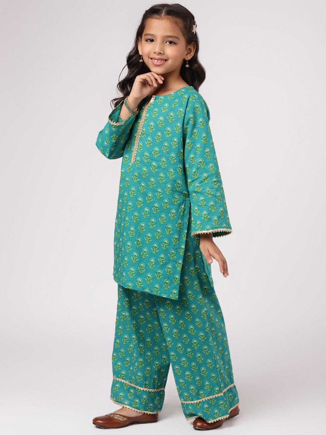 Green Printed Cotton Suit Set - ShopLibas