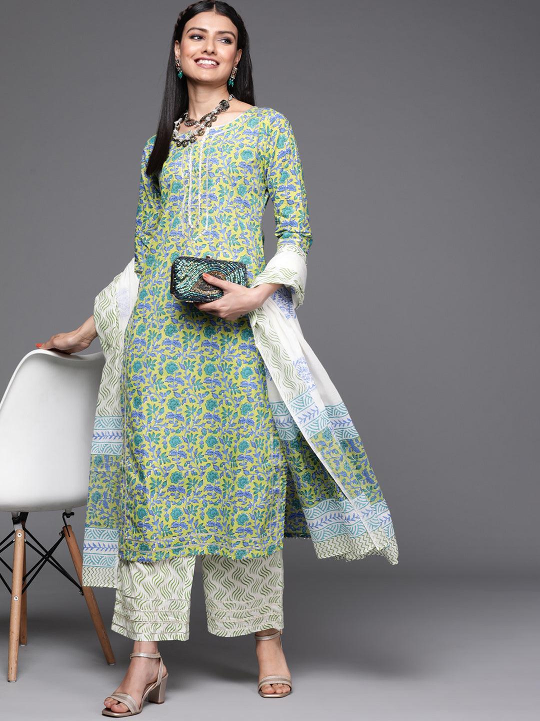 Green Printed Cotton Suit Set