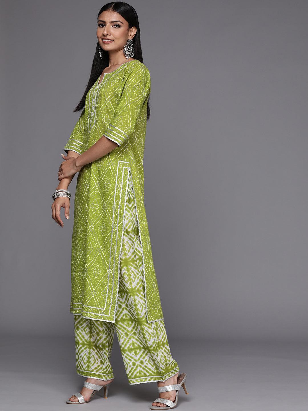 Green Printed Cotton Straight Suit Set