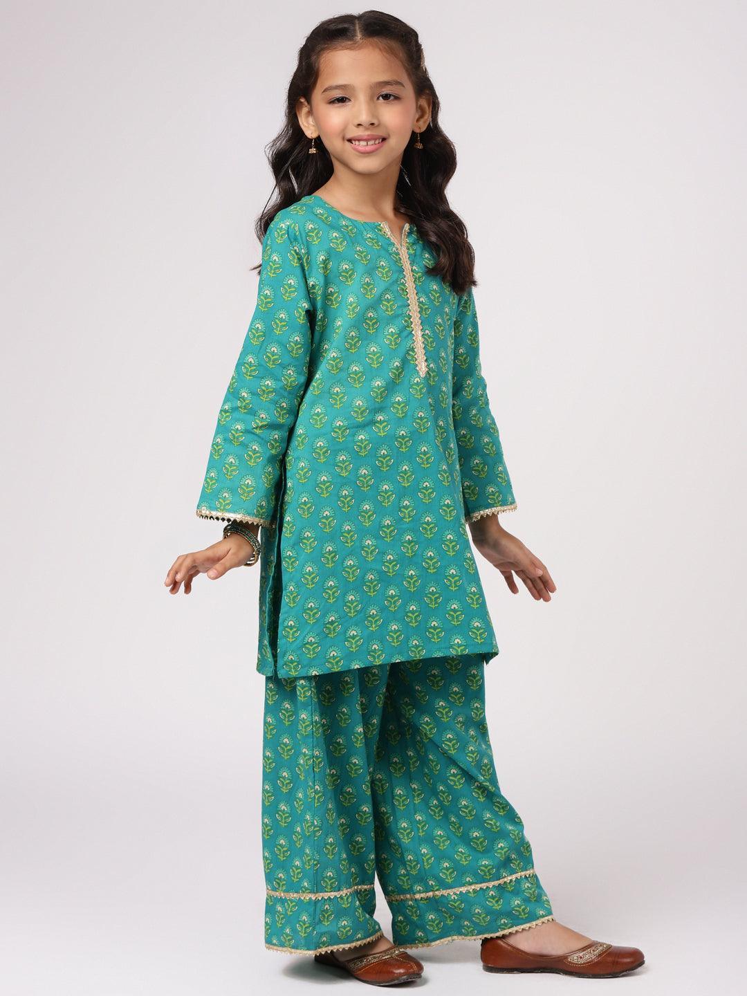 Green Printed Cotton Suit Set - ShopLibas