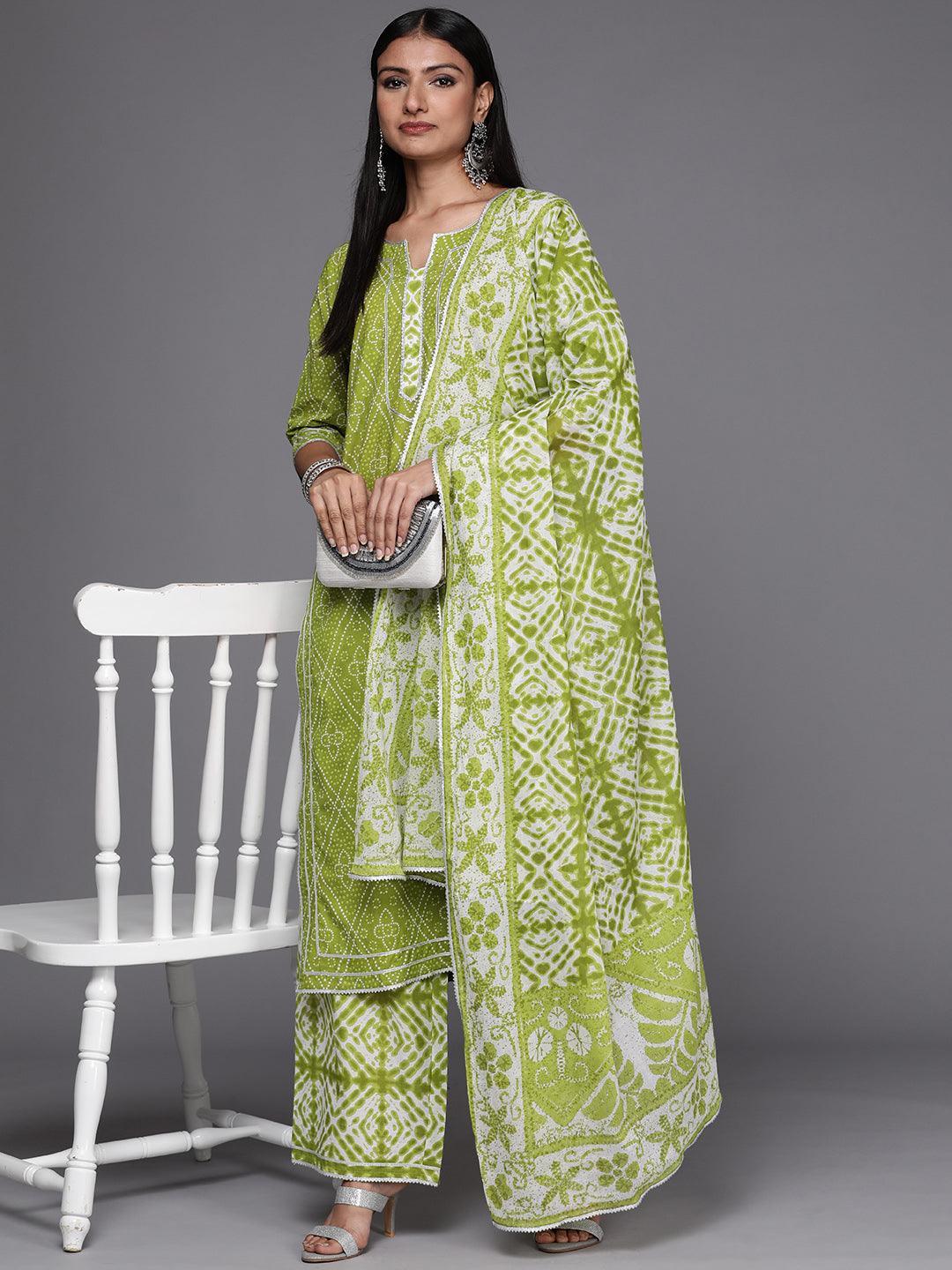 Green Printed Cotton Straight Suit Set