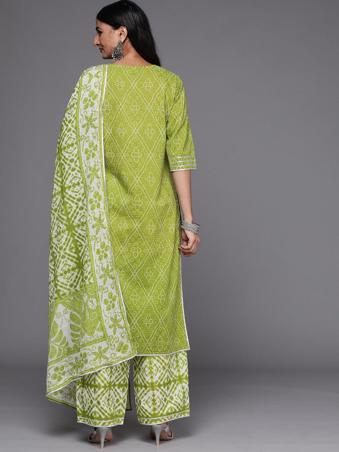 Green Printed Cotton Straight Suit Set