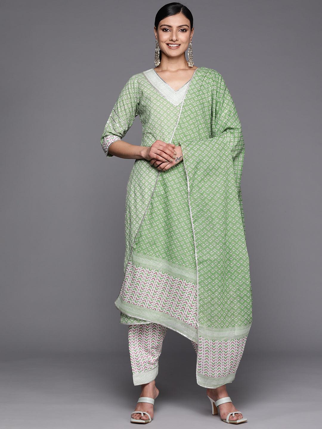 Green Printed Cotton Straight Suit Set With Salwar