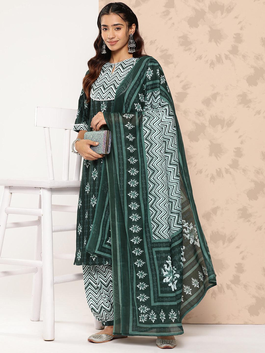 Green Printed Cotton Straight Kurta With Salwar & Dupatta - Libas