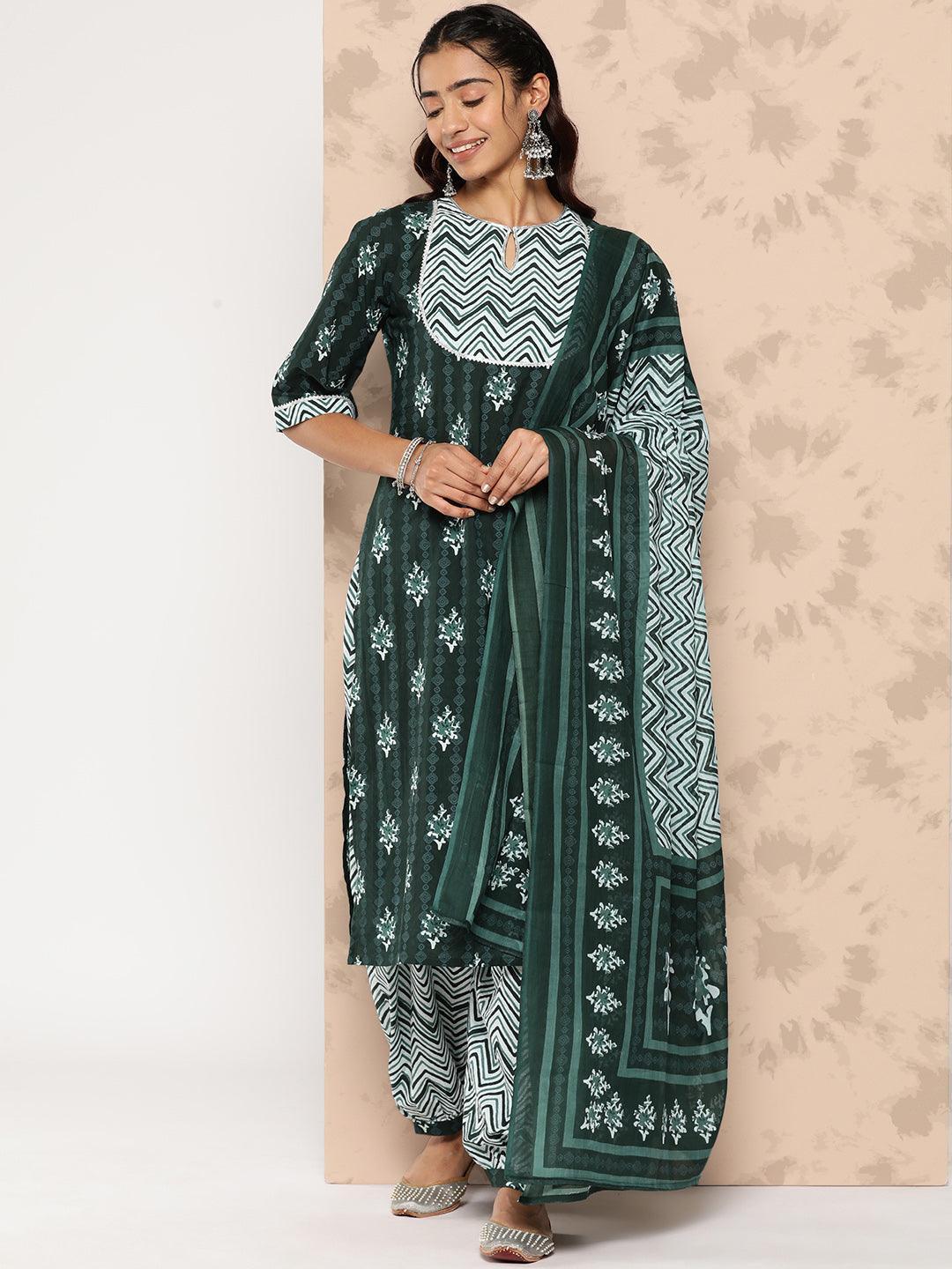 Green Printed Cotton Straight Kurta With Salwar & Dupatta