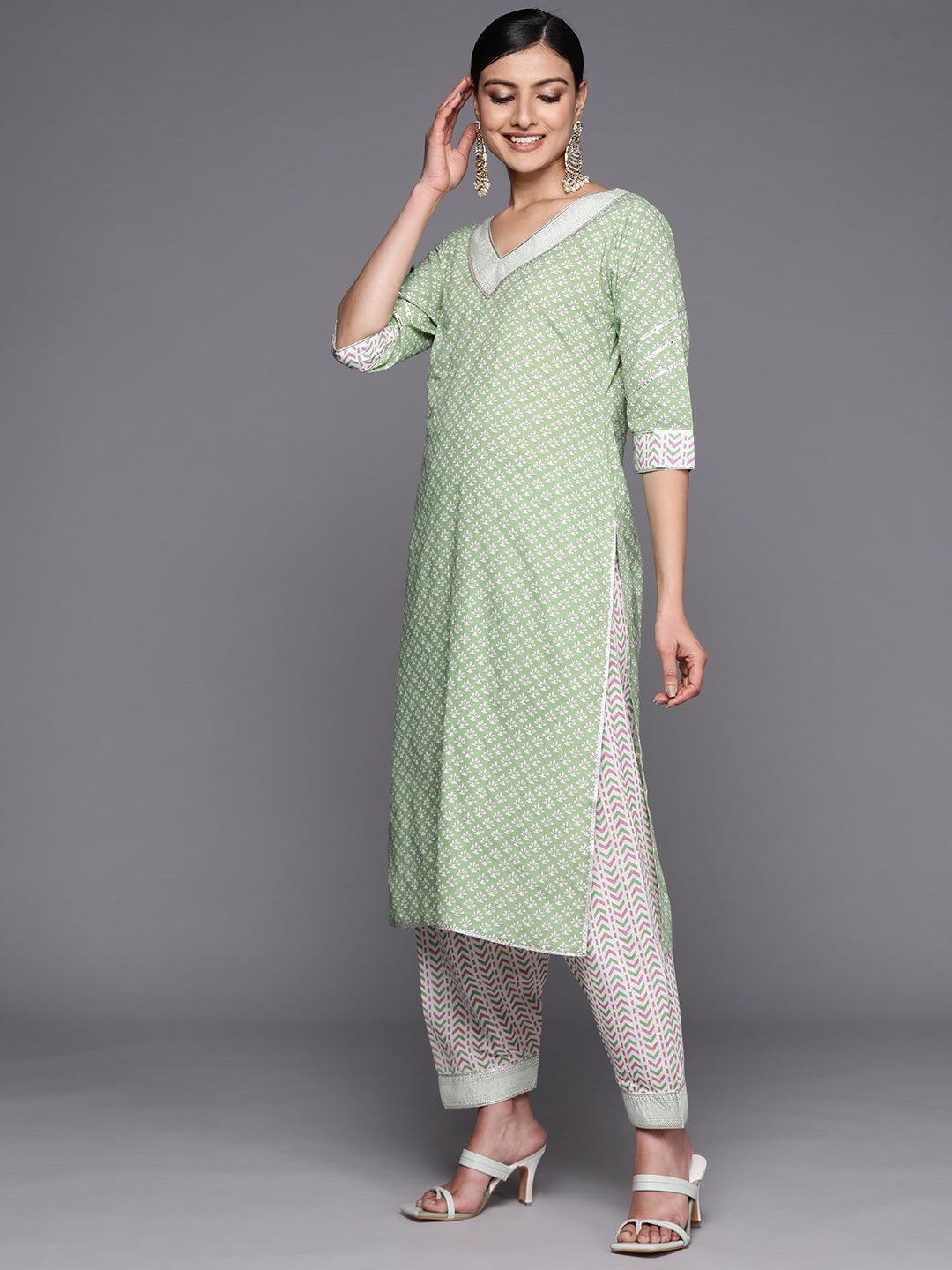 Green Printed Cotton Straight Suit Set With Salwar