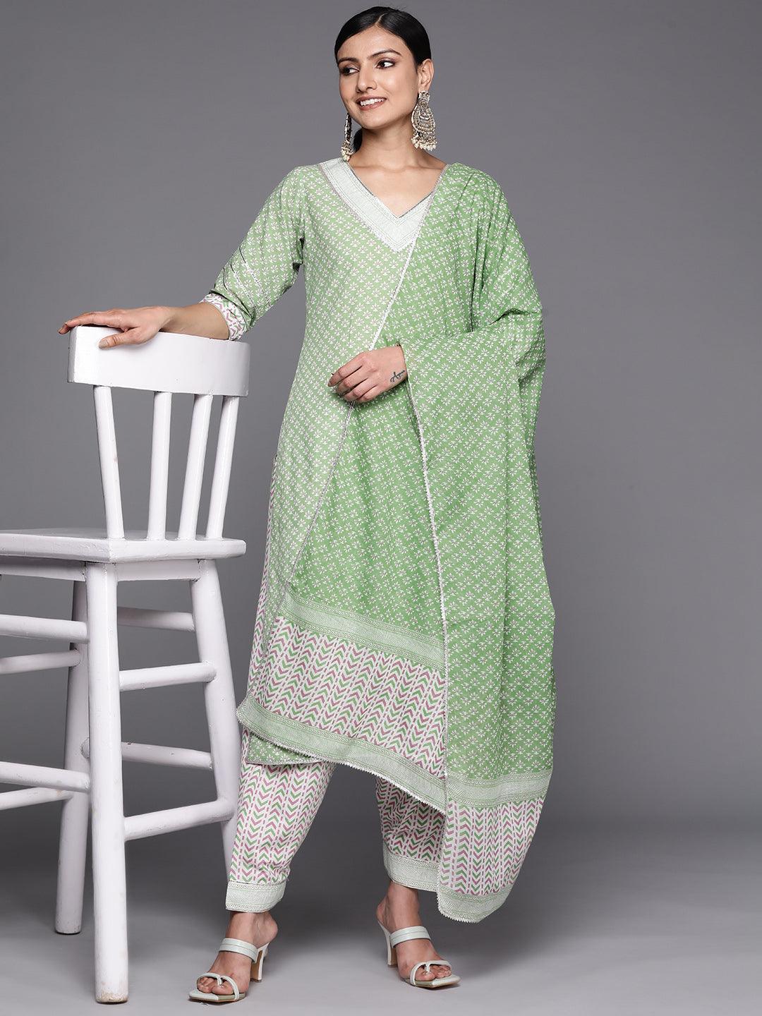 Green Printed Cotton Straight Suit Set With Salwar