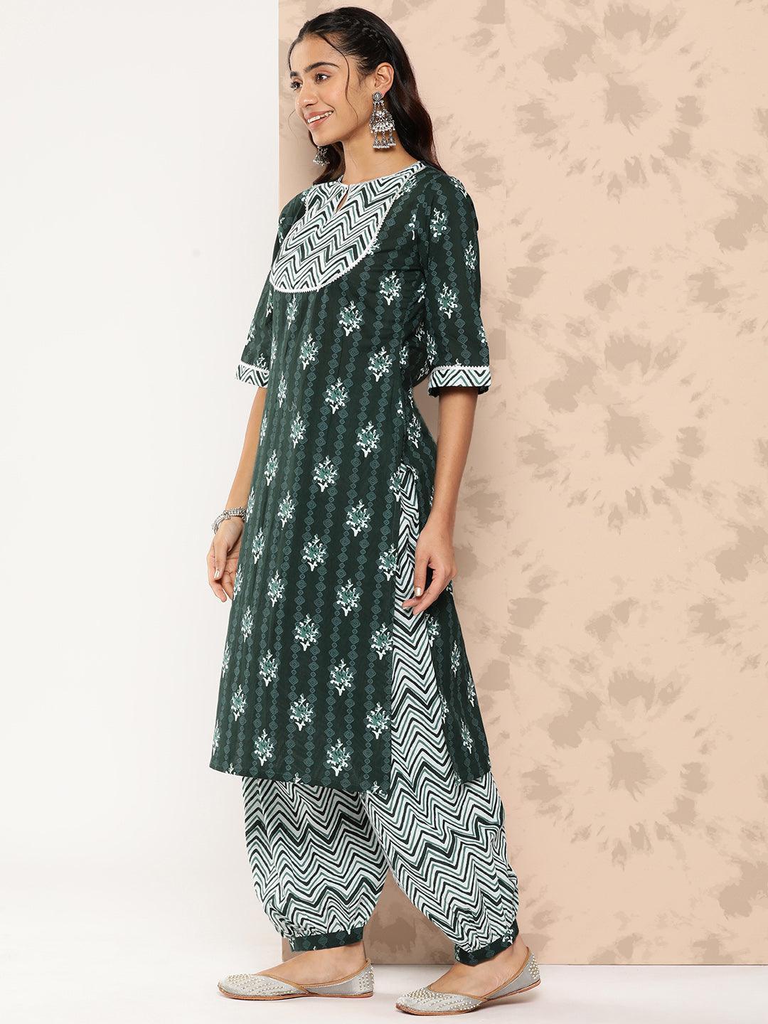 Green Printed Cotton Straight Kurta With Salwar & Dupatta