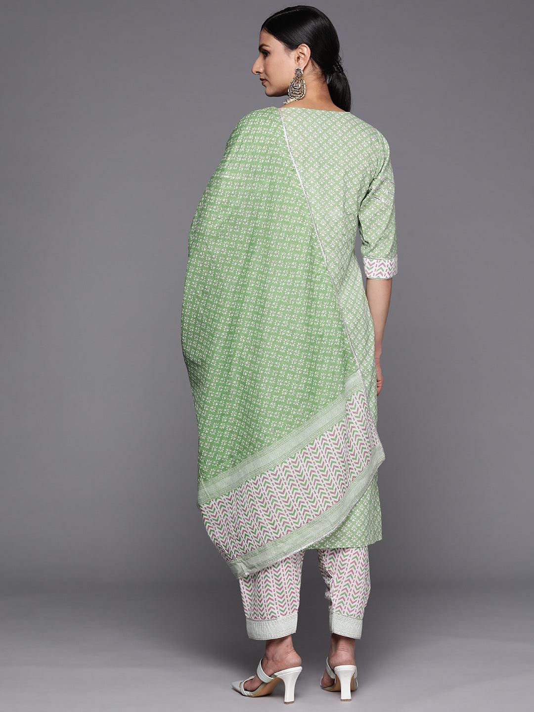 Green Printed Cotton Straight Suit Set With Salwar