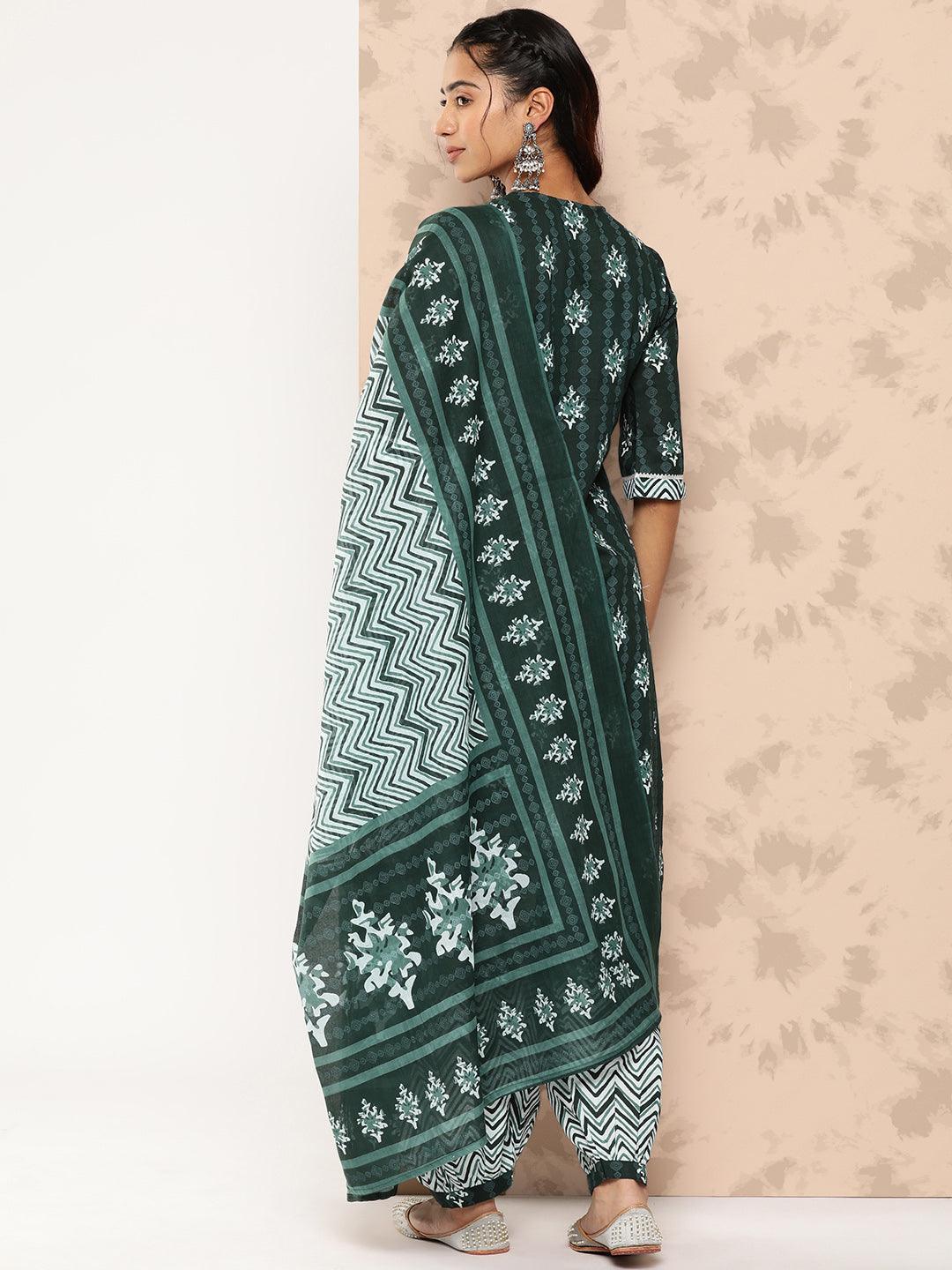 Green Printed Cotton Straight Kurta With Salwar & Dupatta