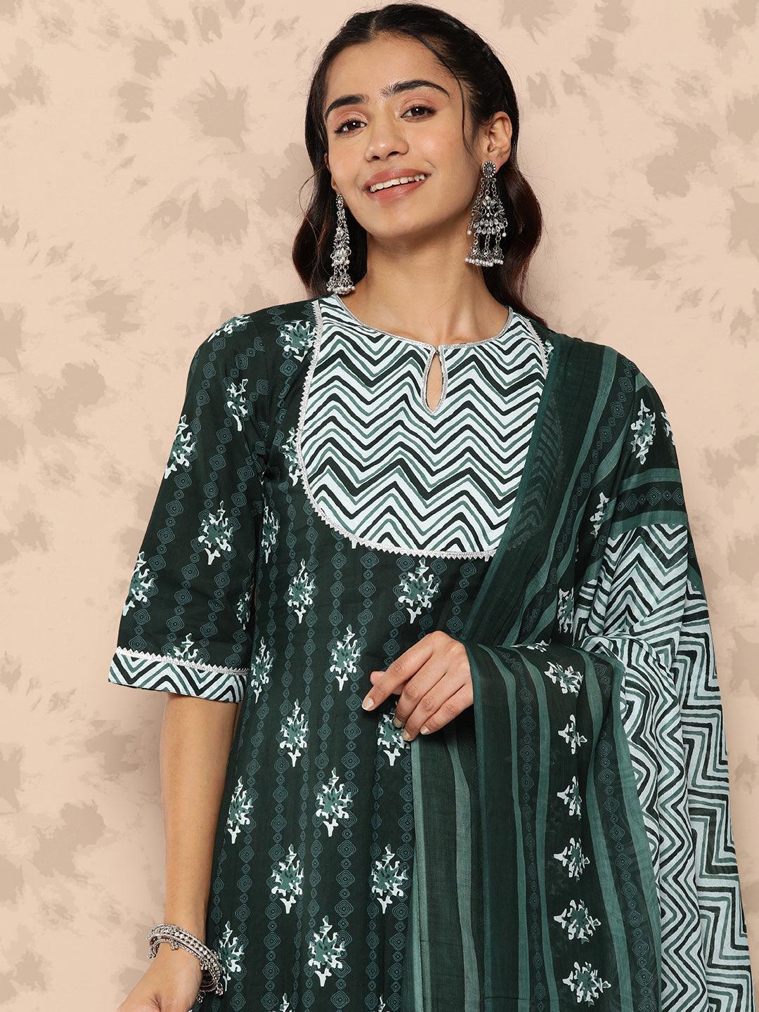 Green Printed Cotton Straight Kurta With Salwar & Dupatta