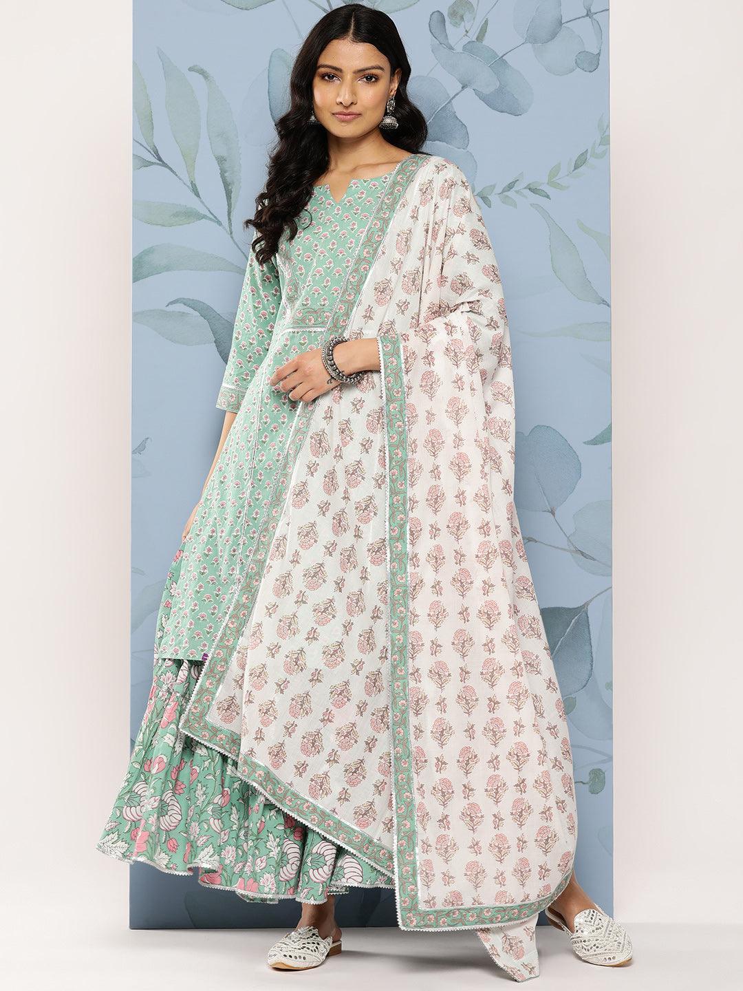 Green Printed Cotton Straight Suit Set With Skirt - Libas