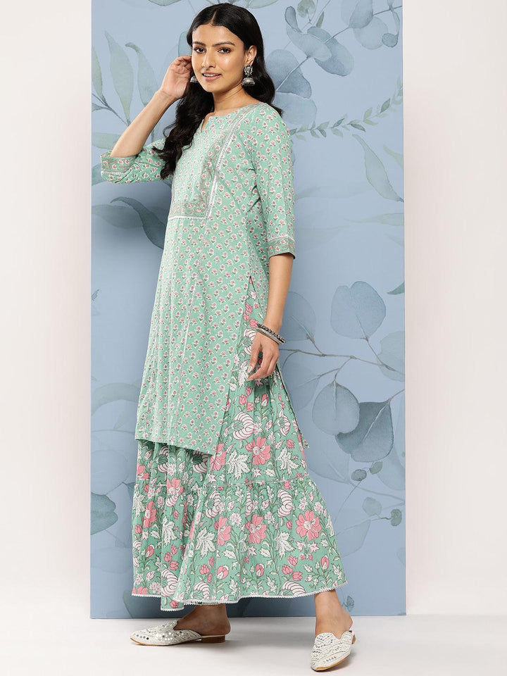 Green Printed Cotton Straight Suit Set With Skirt - Libas