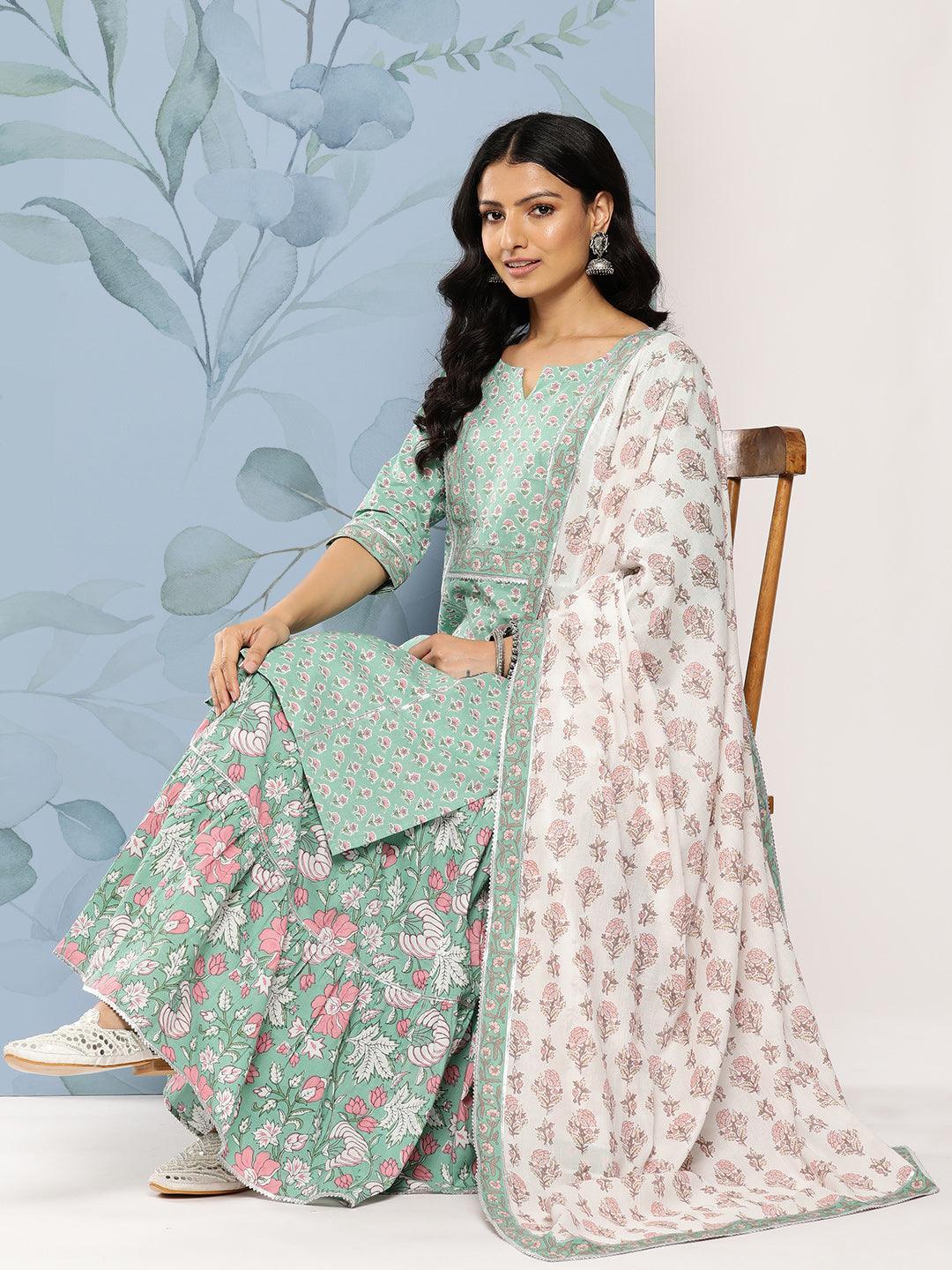 Green Printed Cotton Straight Suit Set With Skirt - Libas