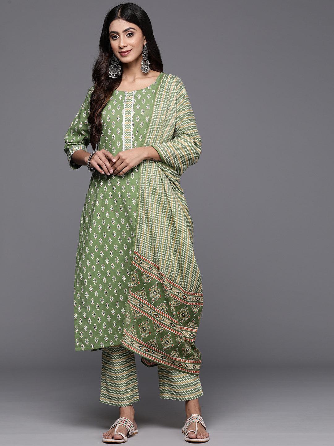 Green Printed Cotton Straight Kurta With Trousers & Dupatta