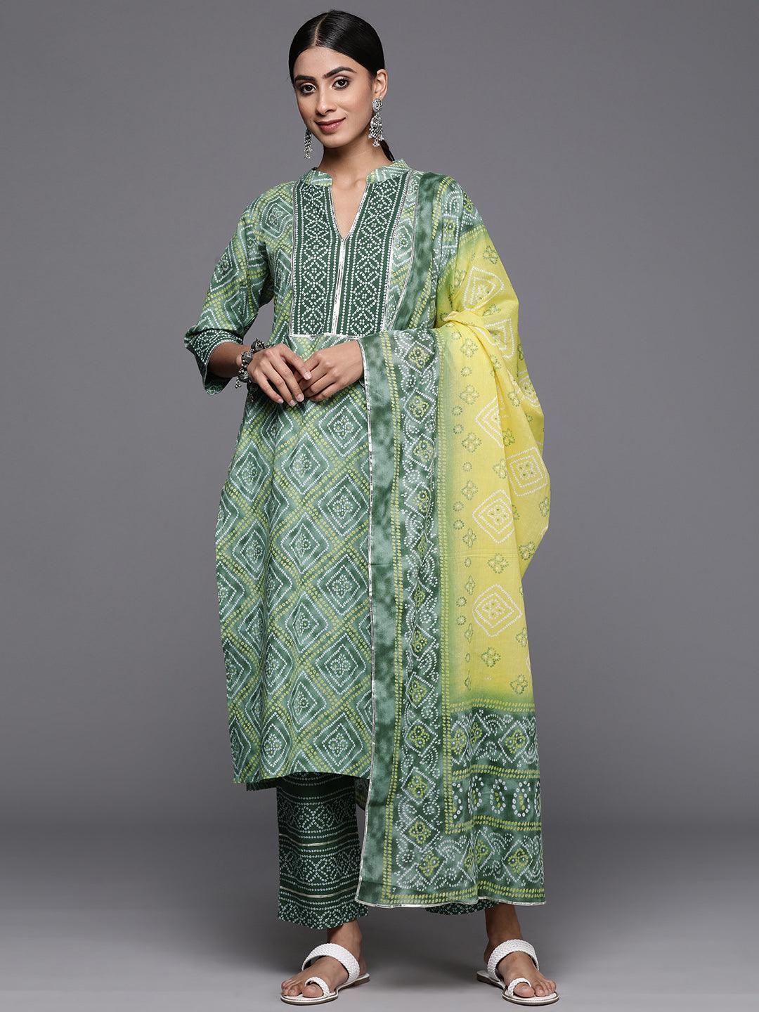 Green Printed Cotton Straight Kurta With Trousers & Dupatta