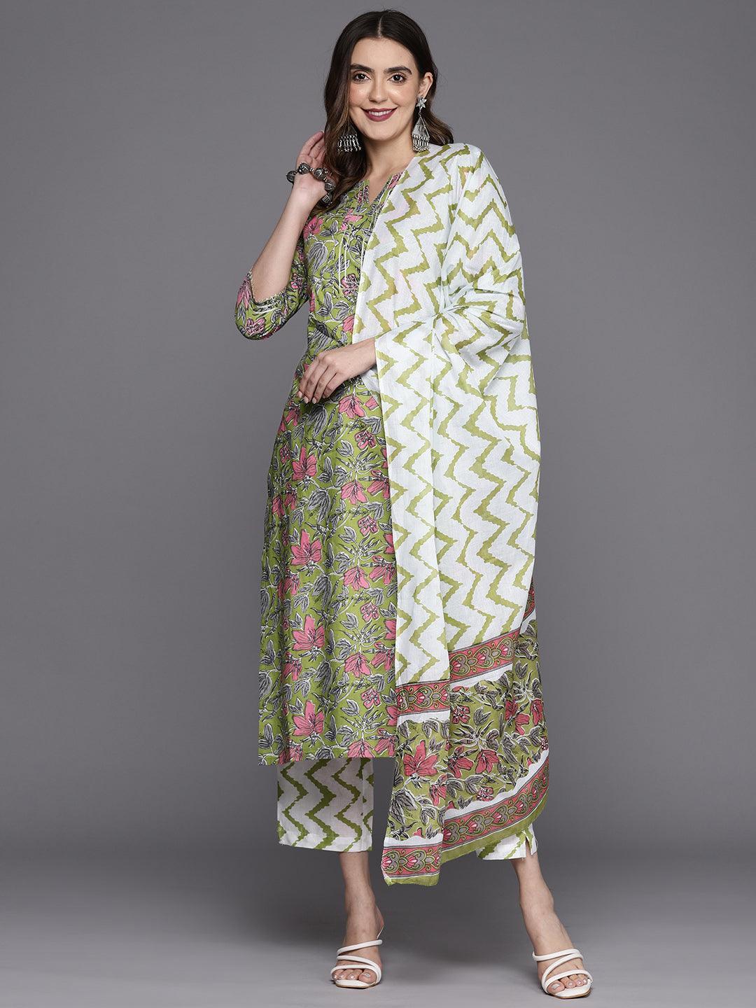 Green Printed Cotton Straight Kurta With Trousers & Dupatta