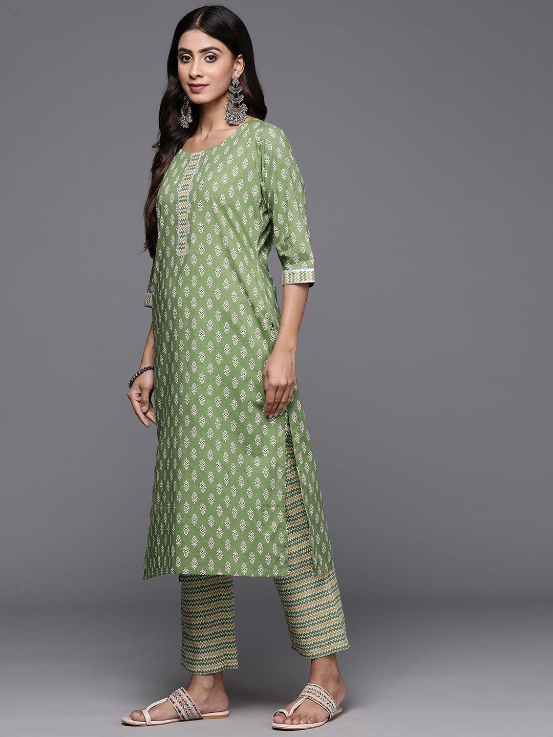 Green Printed Cotton Straight Kurta With Trousers & Dupatta