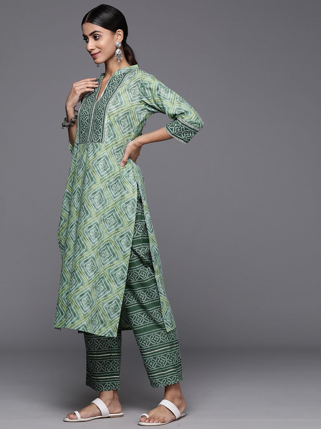 Green Printed Cotton Straight Kurta With Trousers & Dupatta