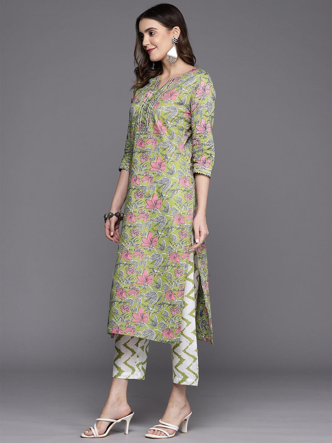 Green Printed Cotton Straight Kurta With Trousers & Dupatta