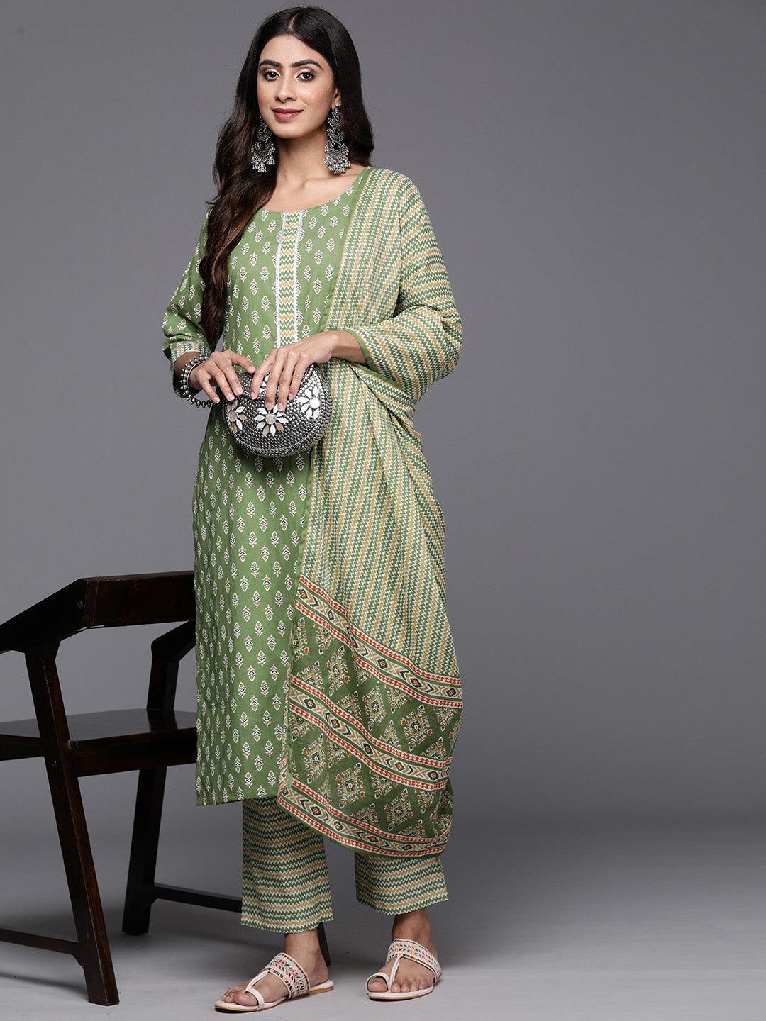 Green Printed Cotton Straight Kurta With Trousers & Dupatta