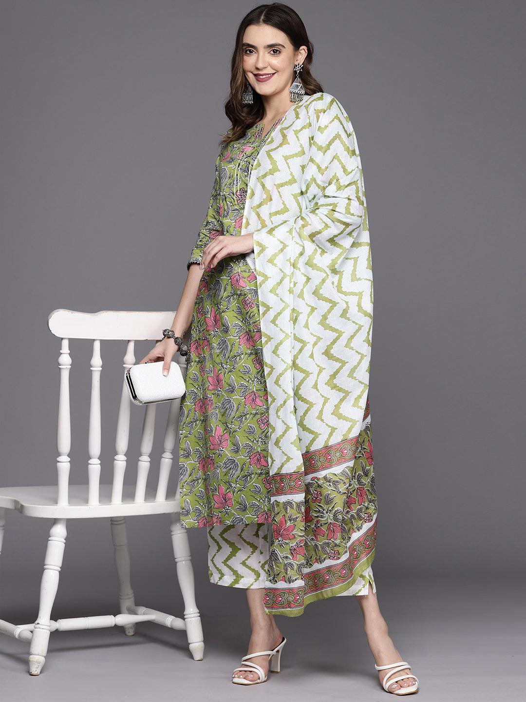 Green Printed Cotton Straight Kurta With Trousers & Dupatta