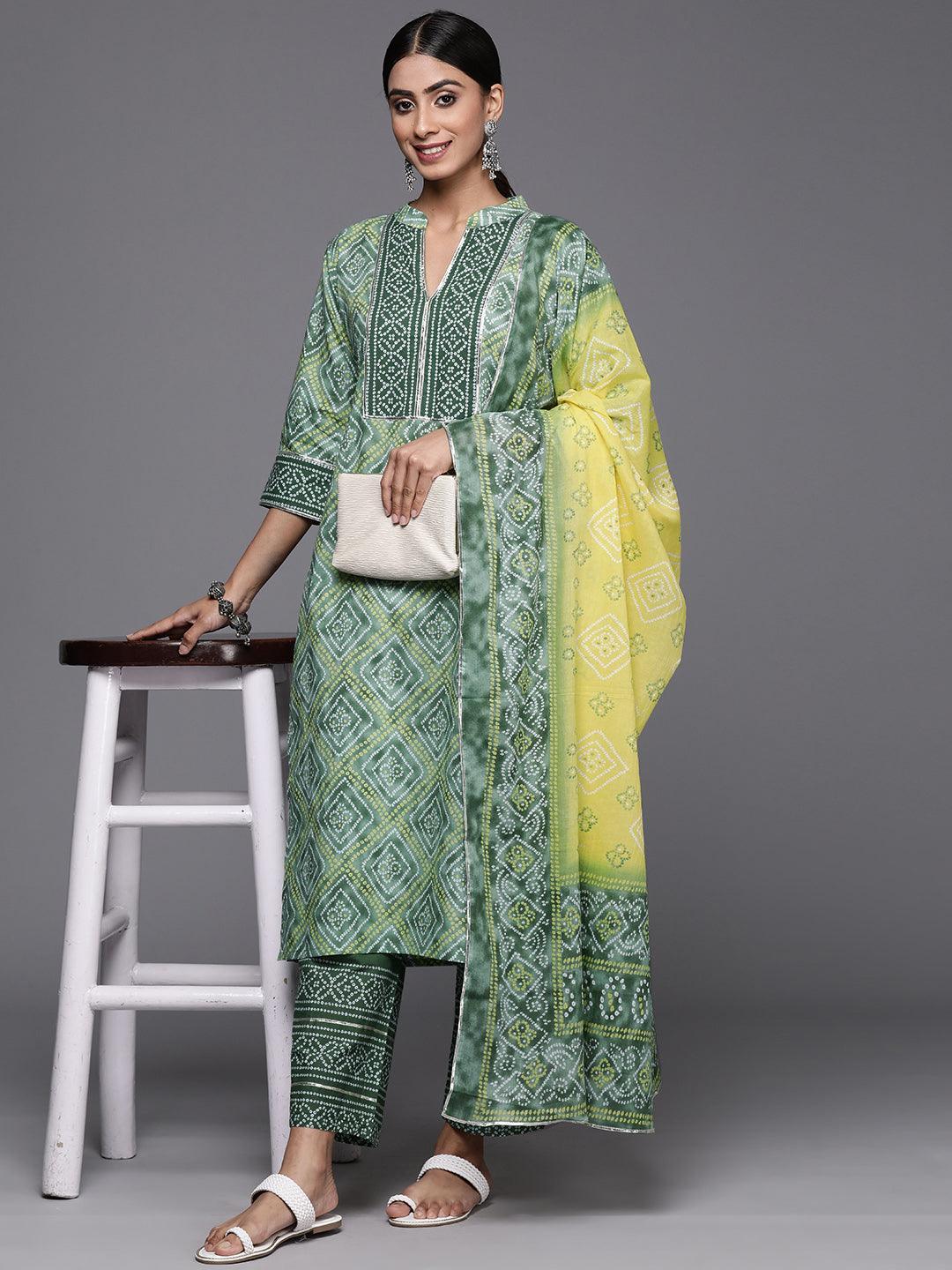 Green Printed Cotton Straight Kurta With Trousers & Dupatta