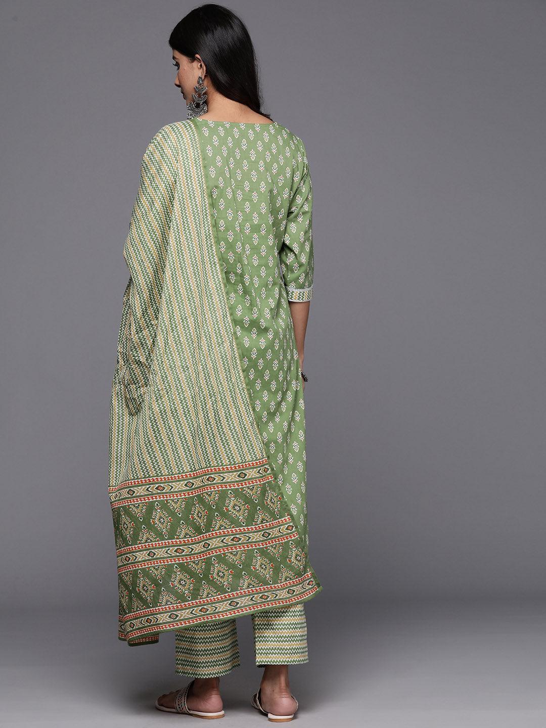 Green Printed Cotton Straight Kurta With Trousers & Dupatta