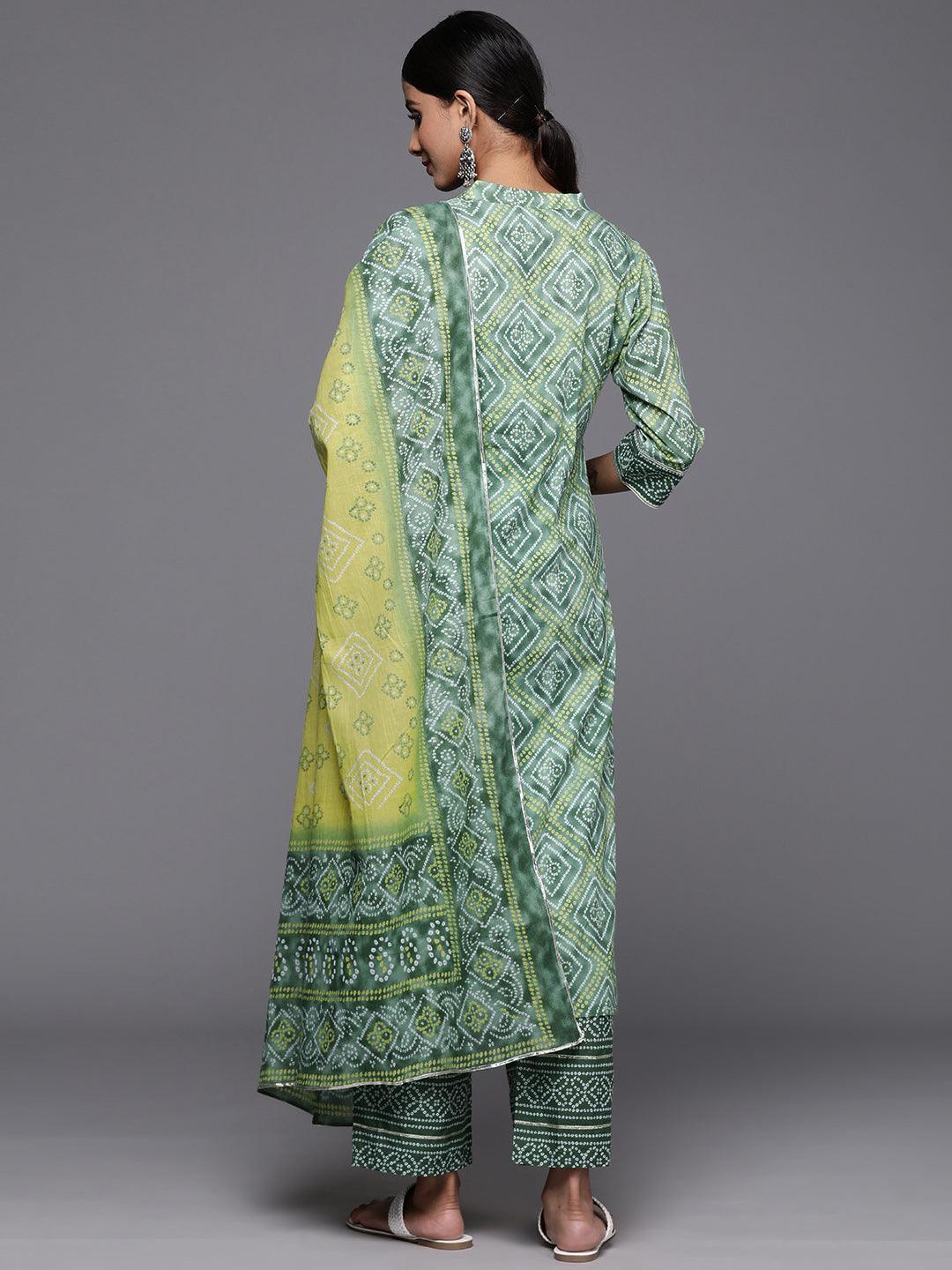 Green Printed Cotton Straight Kurta With Trousers & Dupatta