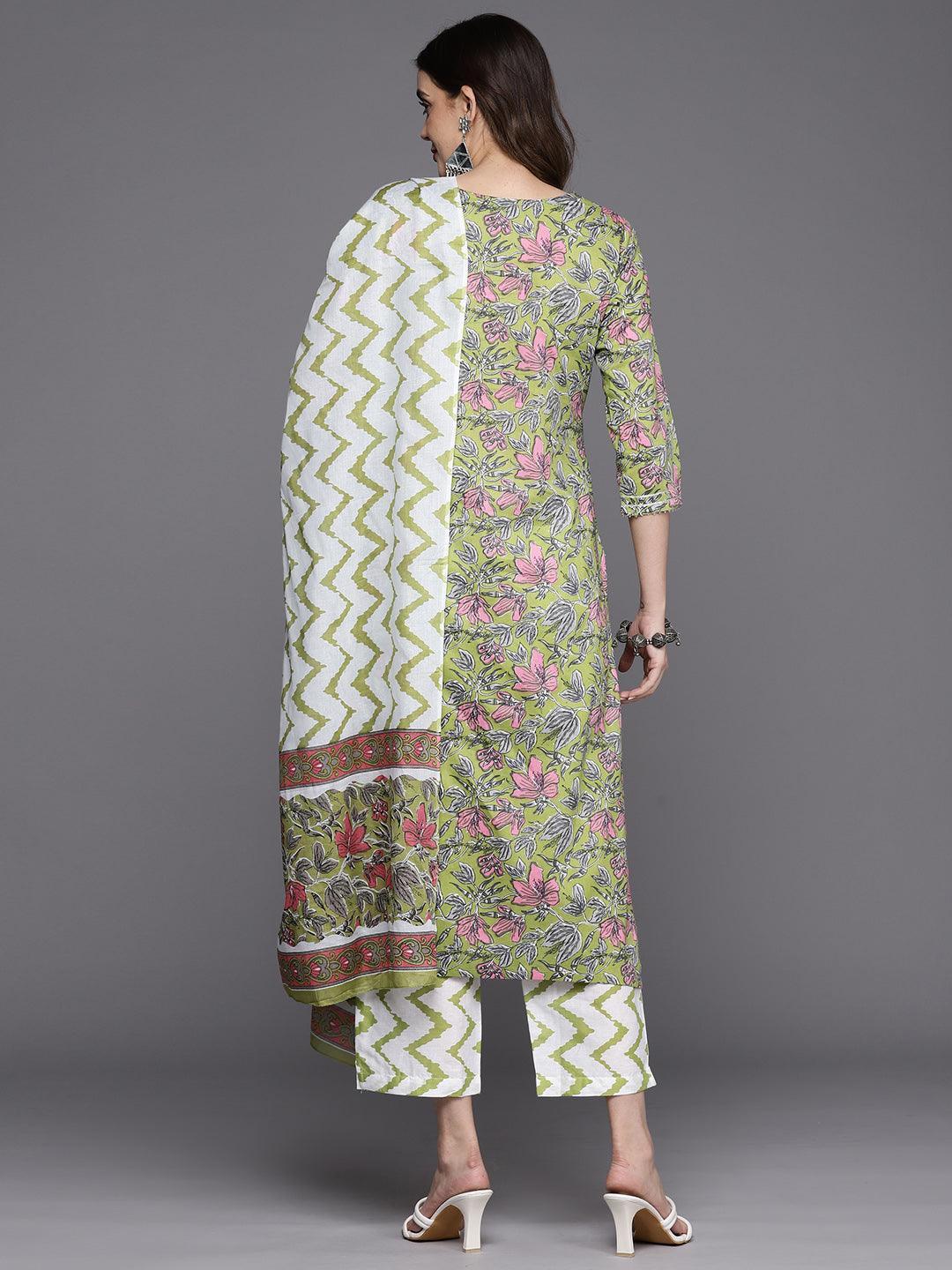 Green Printed Cotton Straight Kurta With Trousers & Dupatta