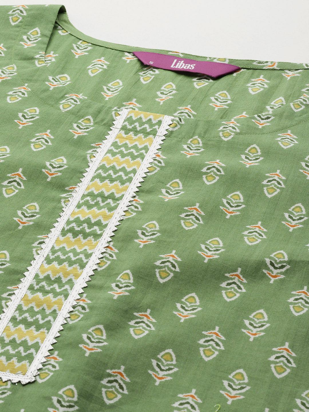 Green Printed Cotton Straight Kurta With Trousers & Dupatta