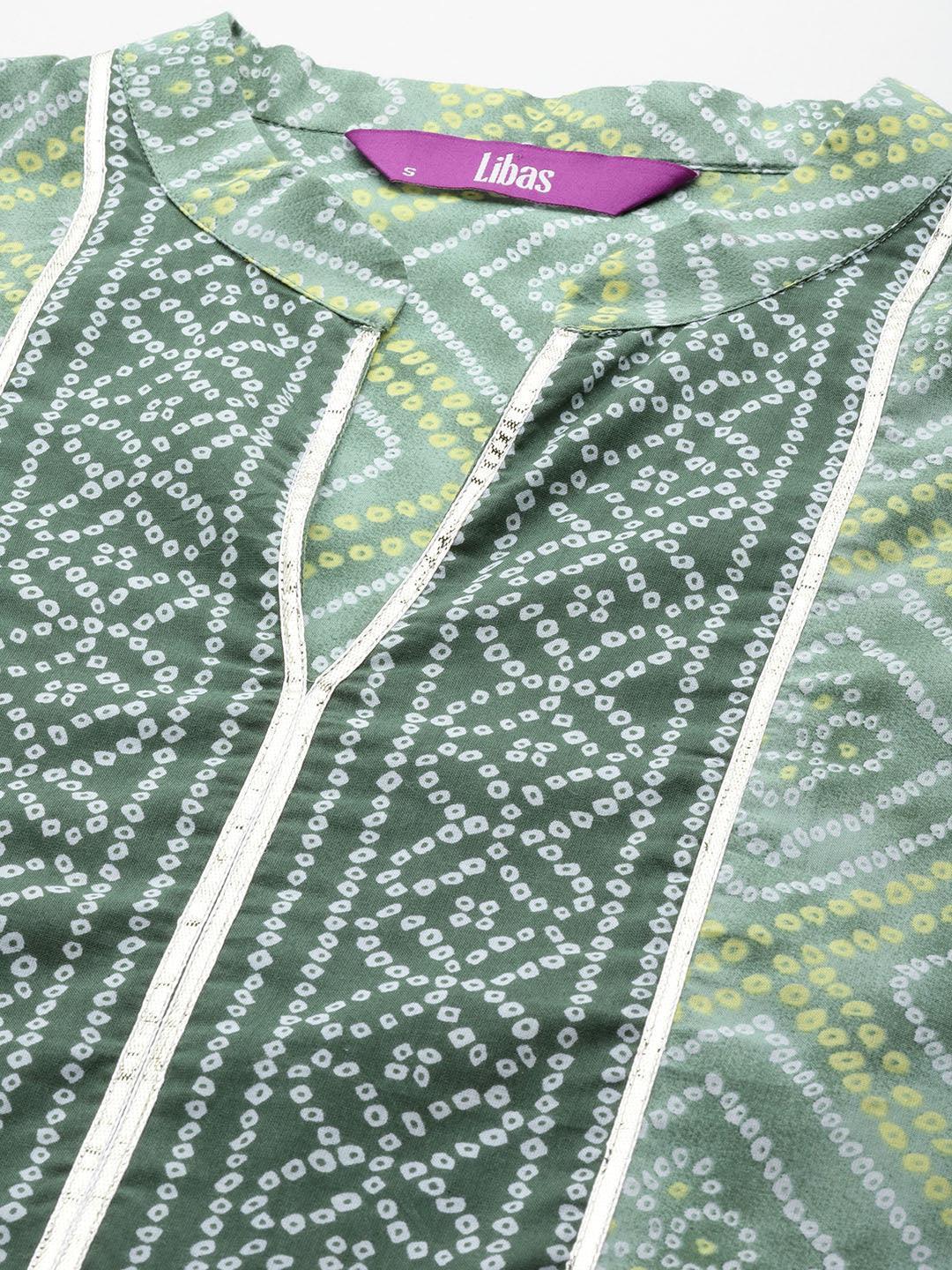 Green Printed Cotton Straight Kurta With Trousers & Dupatta