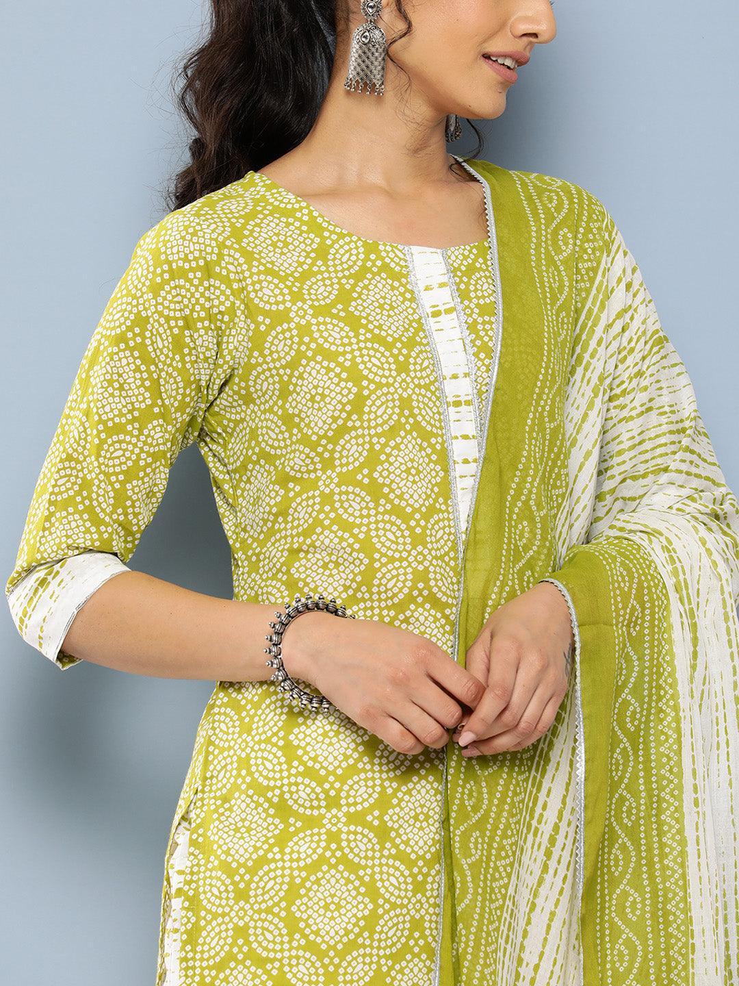 Green Printed Cotton Straight Suit Set With Trousers - Libas