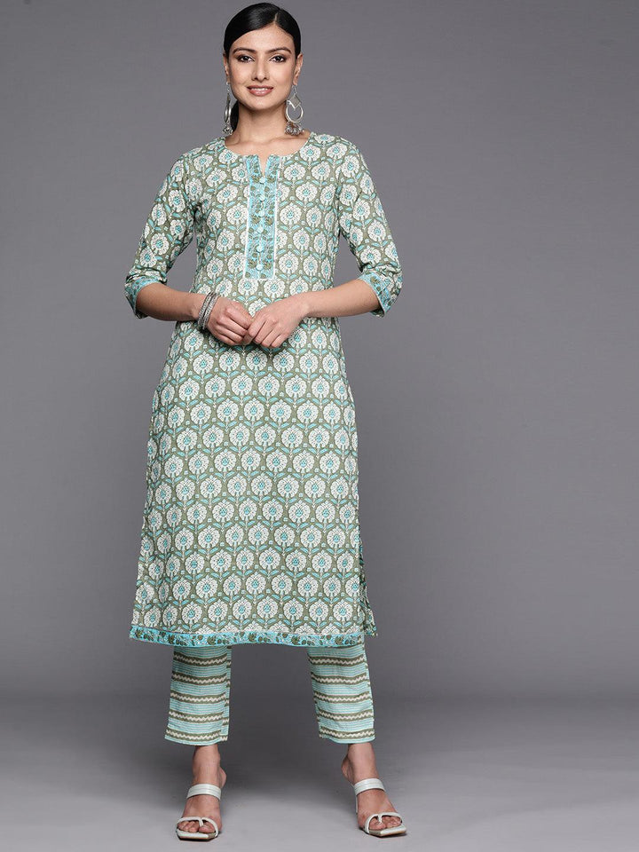 Green Printed Cotton Straight Kurta Set With Trousers - ShopLibas